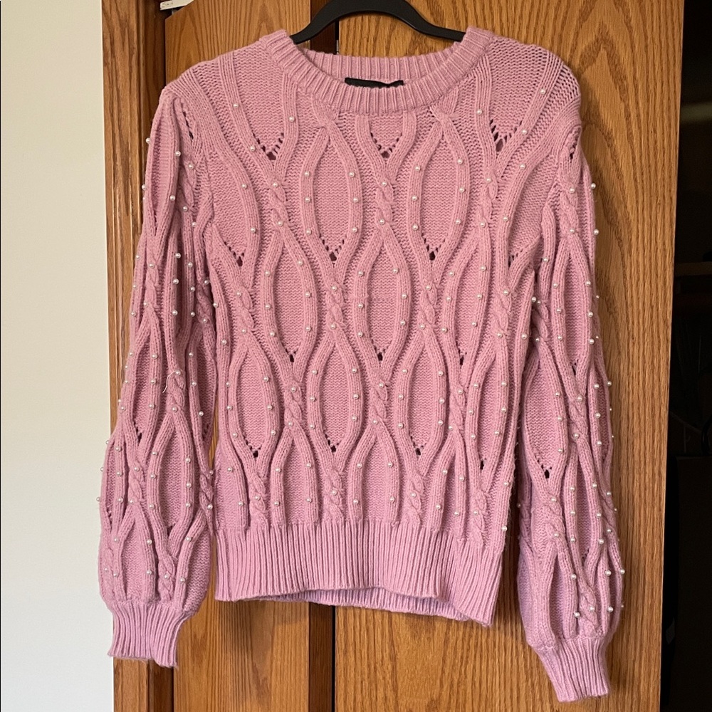 🎉LAST CHANCE 🎉Pink Pearl-Embellished Cable Knit Crewneck Sweater